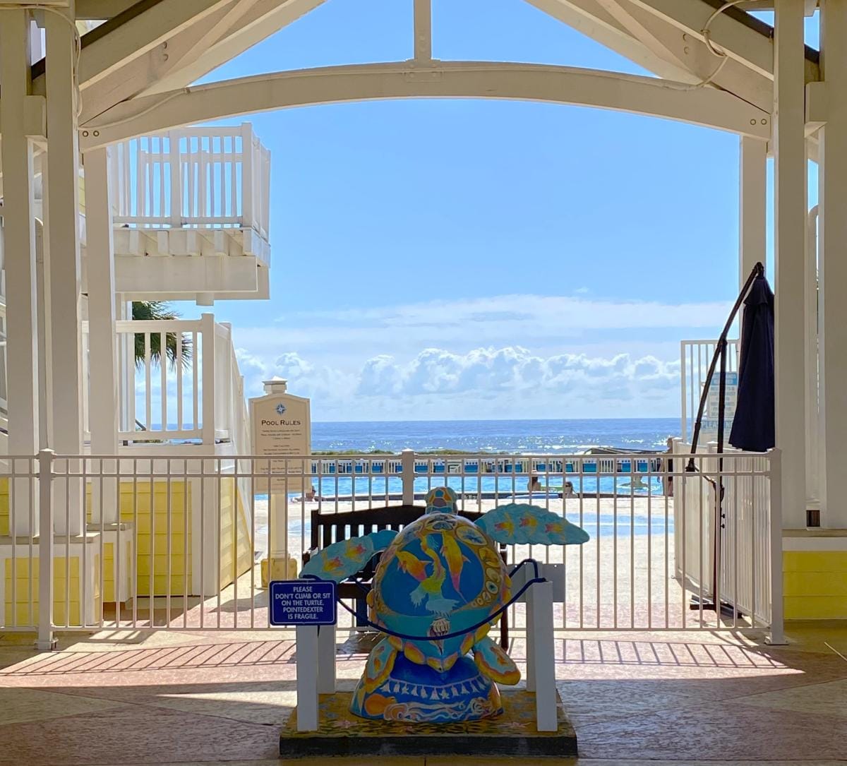 Poolside gate with sea-turtle emblem and Gulf view