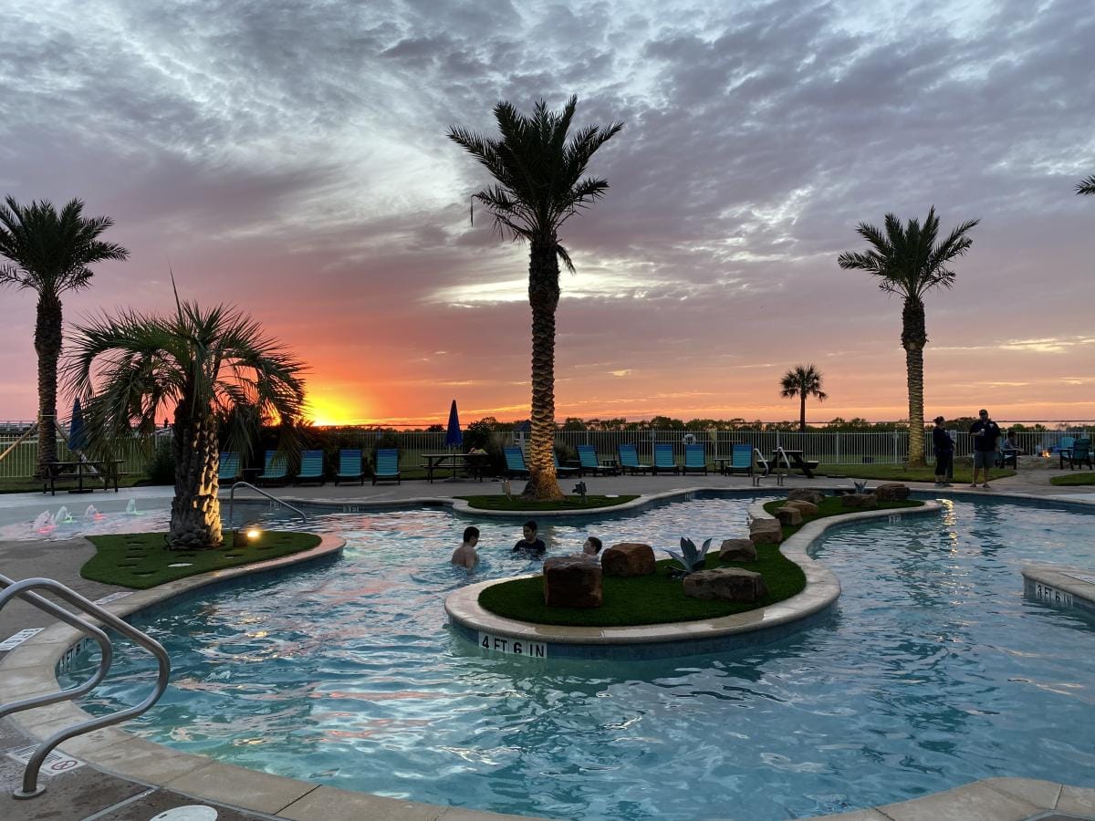 Sunset over the pool at Pointe West, Galveston Island