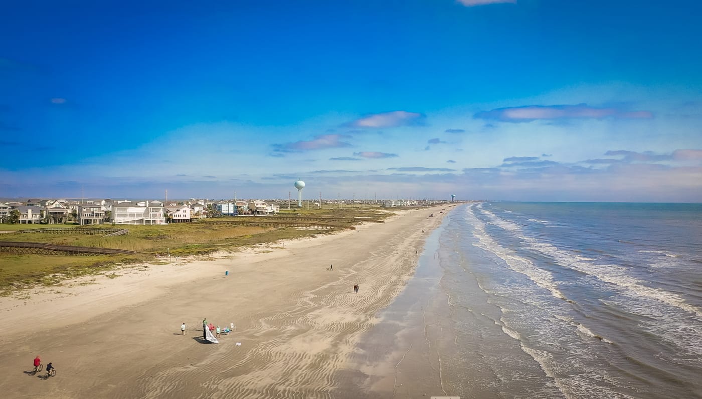 Aerial view of the Galveston Island shoreline near Pointe West